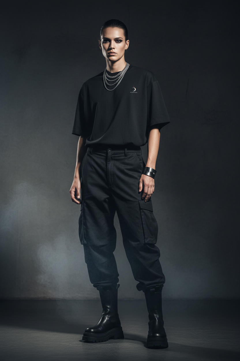 Model wearing Unisex Oversized Classic T-Shirt in black with crescent moon logo
