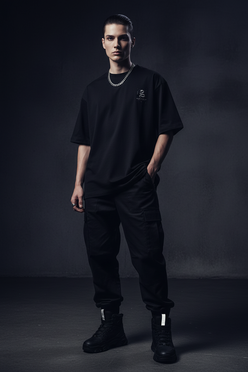 Model wearing Unisex Oversized Standard T-Shirt in black with snake graphic