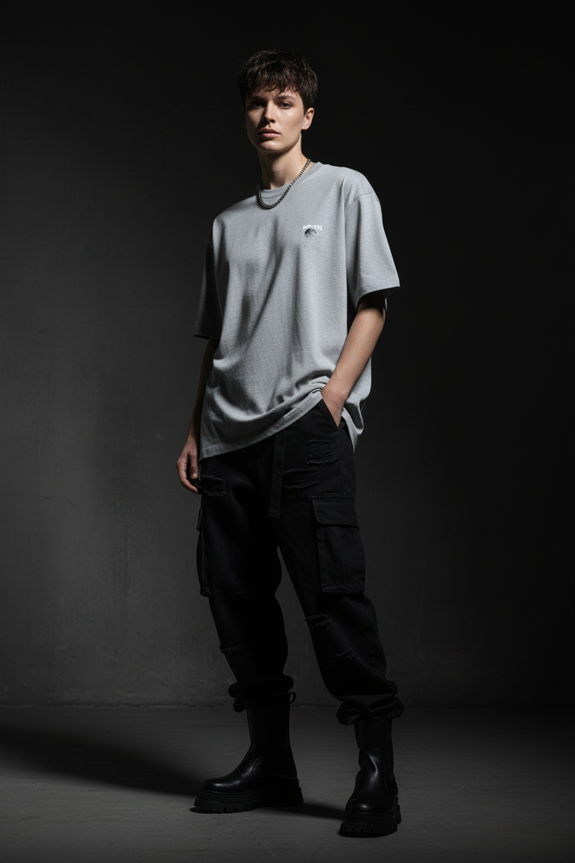 Model wearing Unisex Oversized Classic T-Shirt in grey with MOON graphic