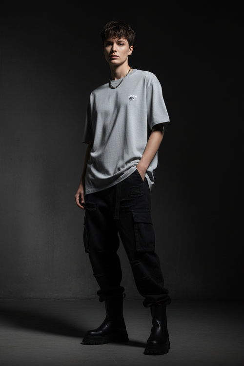 Model wearing Unisex Oversized Classic T-Shirt in grey with MOON graphic